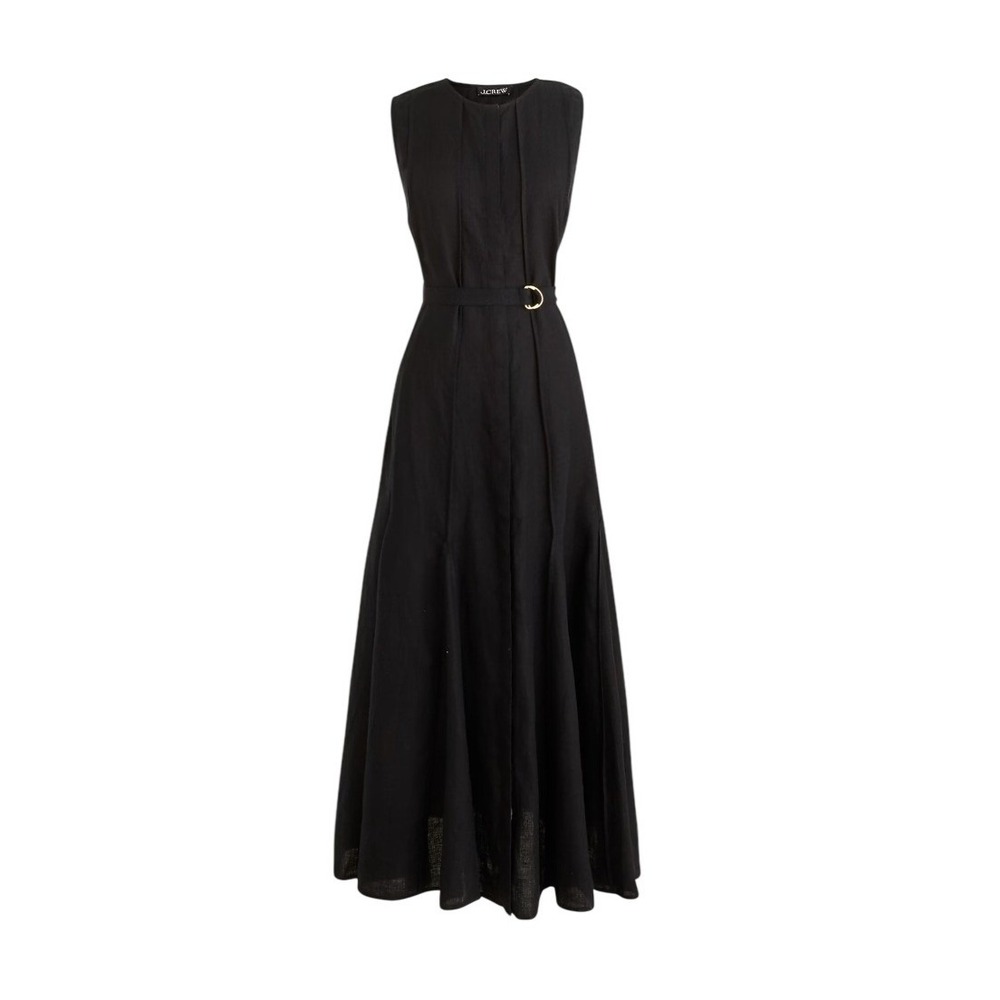 J. Crew Seamed 100% Linen Maxi Dress Black Removable Belt M - Picture 4 of 10